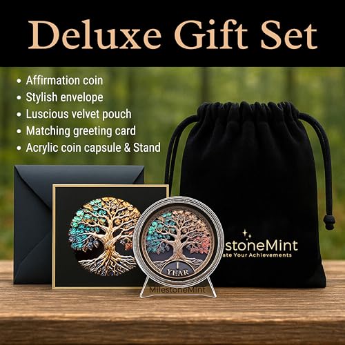 affirmation sobriety coin gift set  tree of life aa chip medallion with token capsule stand amp card  sobriety gifts for anniversary month amp year for men amp women in recovery 1 year