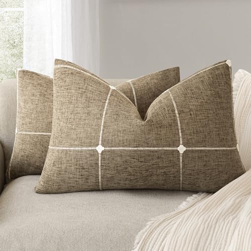 Image of Foindtower Pack of 2 Decorative Faux Linen Jacquard Check Throw Pillow Covers Farmhouse Lumbar Cushion Cover with Grid Textured Accent Pillowcase for Couch Living Room Home Decor,12x20 Inch,Tan Khaki