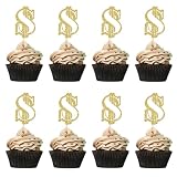 ShuanQ 24pcs Dollar Sign Cupcake Toppers for Birthday Wedding Party Decorations - Gold Glitter Dollar Cake Decor, Money Theme Birthday Party Decoration Supplies