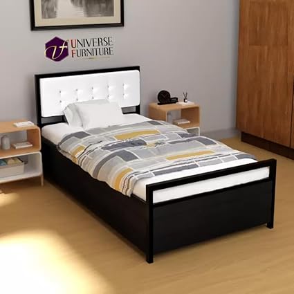 Universe Furniture Honest Metal Bed with Hydraulic Storage with Mattress (Matte Black Finsih, White Headrest) (with Mattress, Single)