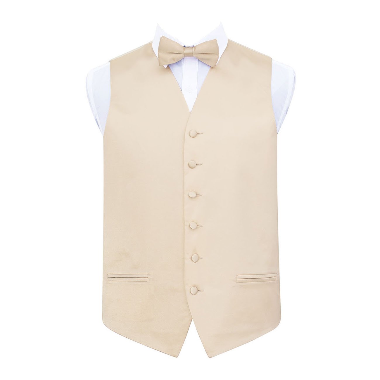 Dqt Men's Champagne Plain Satin Waistcoat & Pre-Tied Bow Tie Set (2Pc) - Wedding, Business & Formal - 48" (4Xl)