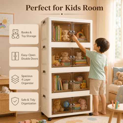 Image of KRISHYAM 4-Layer Plastic Storage Cabinet with 4 Translucent Doors & Caster Wheels, Multipurpose Clothes Organizer for Bedroom, Kids Room, Bathroom & Home, 141 x 67 x 37 cm (Black & White)