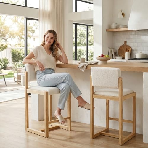 Conjunto de 4 butacos de altura para barra (26 pulgadas) HNY, color blanco Sherpa | Estructura de caucho sólido con asiento y respaldo tapizados, base deslizante moderna para isla de cocina, bar en casa miniatura 4