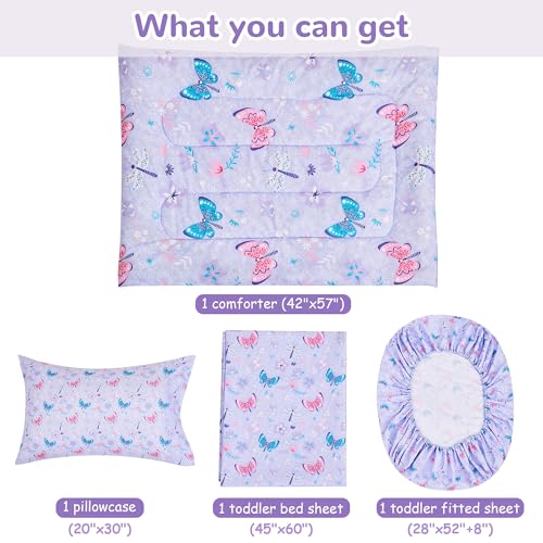 Image of lasoftan Butterfly Toddler Bedding Set for Girls, 4 Piece Bed-in-a-Bag Toddler Comforter Sets, Super Soft Comforter Sheet Set and Comfortable Microfiber Toddler Bed Set