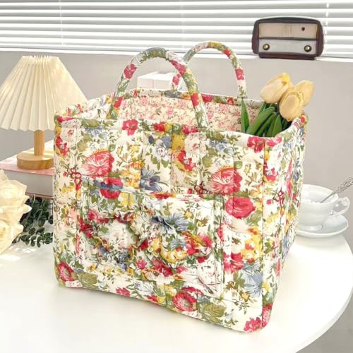 Image of Quilted Fabric Basket Foldable Car Storage Boho Floral Laundry Basket Hamper for Nursery Bedroom & Living Room | Organize Clothes Toys