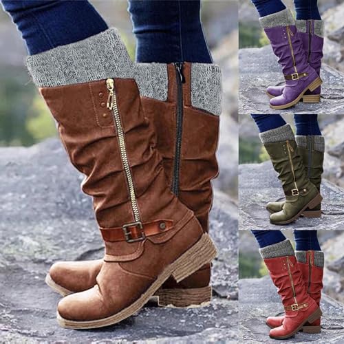 Knee High Boots for Women 2025,Chunky Heel Round Toe Comfortable Walking Hiking Booties Outdoor Shoes Mid Calf Flats Boots Sweater Knitted Cuff Fashion Side Zip Buckles Winter Boot4
