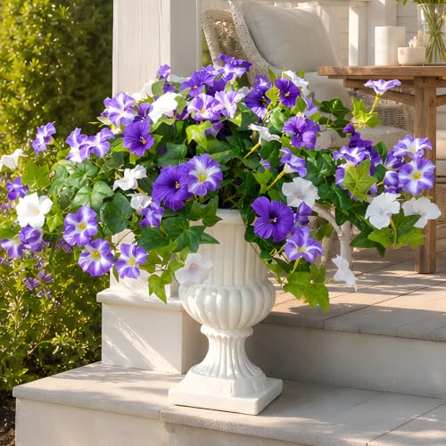 Image of Artificial Petunias 2 Packs UV Resistant, Purple White | Realistic silk no-fade faux flowers for outdoor hanging baskets, porch, patio, balcony garden decor,UV protected&weatherproof