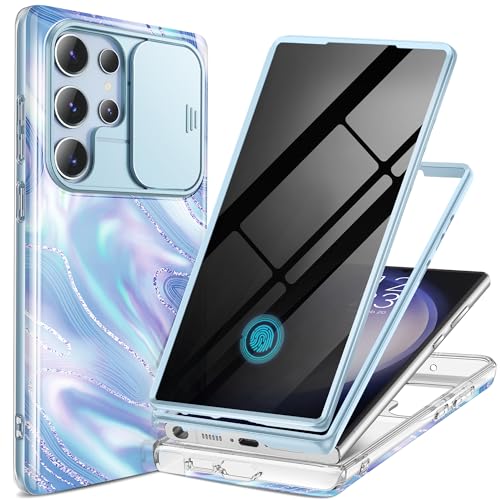Image of GVIEWIN for Samsung Galaxy S23 Ultra Case, [Slide Camera Cover & Built-in Anti-Spy Privacy Screen Protector] [2 Front Frames] Shockproof Military Grade Marble Phone Case for S23 Ultra 6.8 inch (Aurora)