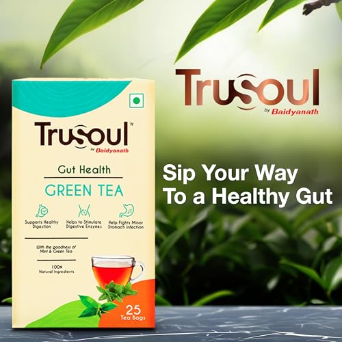 Image of Baidyanath Natural Herbal Gut Health Green Tea - 25 Bags | Enriched with the Goodness of Mint - Supports Healthy Digestion and Gut Health (Pack of 3)