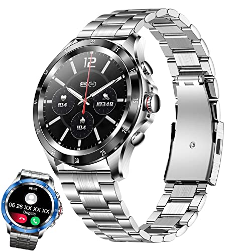 XtraDiTech Montre Connectée Femme Homme Ronde Hybride Lunette Noire avec Appel Bleutooth Micro Assistant Vocal Thermomètre Integrée Boîtier Bracelet Acier Inoxydable
