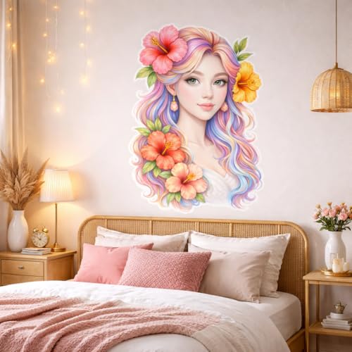 Image of Rangoli Girl Face Floral Wall Sticker 16 x 24 Inch Colorful Hair & Flower Design Self Adhesive Wall Decor for Living Room Bedroom Salon Beauty Parlour Wall Art