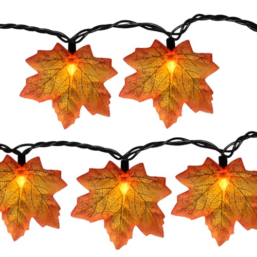 Image of GOOTHY Fall Decor Orange Maple Leaf String Lights Plug in, 13.6Ft LED Outdoor Thanksgiving Decorations Lights with 35 Maple Leaves Light, Hanging Halloween Leaves Light for Outdoor Fall Party Window