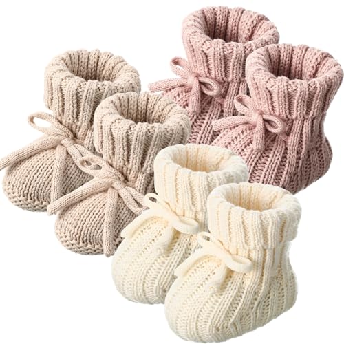 Image of Evervibe 3 Pairs Knitted Baby Booties 0-6 Months Newborn Baby Shoes First Walkers Cozy Shoes for Infant Girl Boy