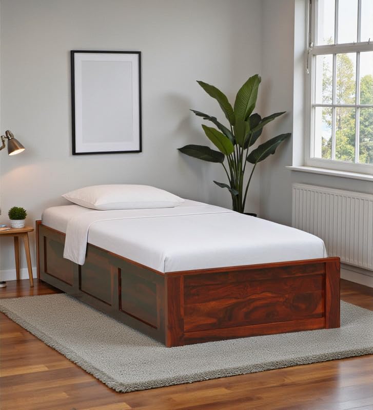 Image of Solid Sheesham Wood Urban Single Bed with Box Storage | Wooden Single Bed Cot Palang Furniture for Bedroom Living Room Home and Hotel (Honey Oak Finish)