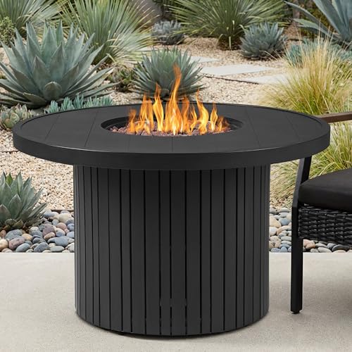 Real Flame Calvin 44in Round Propane Fire Pit Table, 50,000 BTU, Hidden Tank Storage, Aluminum, Push-Button Ignition, Lava Rock, Storage Cover, Stainless Steel Burner with Lid (Black Coral)