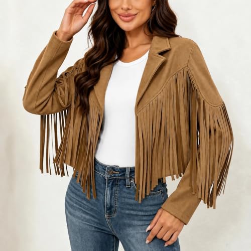 Women Faux Suede Fringe Jacket Notched Lapel Open Front Cropped Blazer Coat - image 3