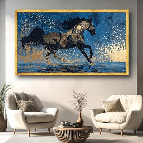 Art abstrait équestre doré et tableau majestueux cheval noir