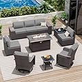 ASJMR 10 Pieces Patio Furniture Set with 2 Swivel Chairs Patio Furniture Outdoor Sectional Sofas with 55000 Gas Fire Pit Patio Conversation Set w/7 Cushions-Gary