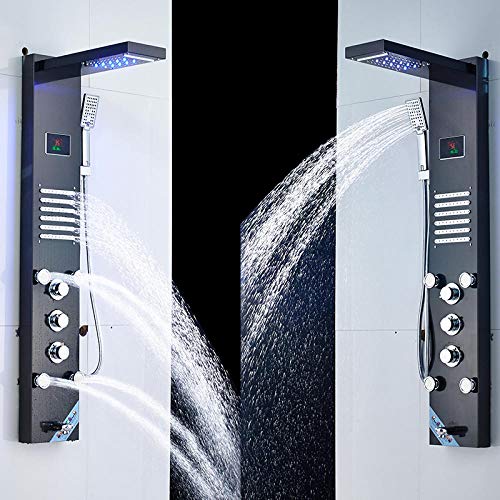 Panel de ducha LED negro con pantalla de temperatura, cascada y chorro de lluvia, grifo mezclador de tres mangos para fregadero y ducha miniatura 1