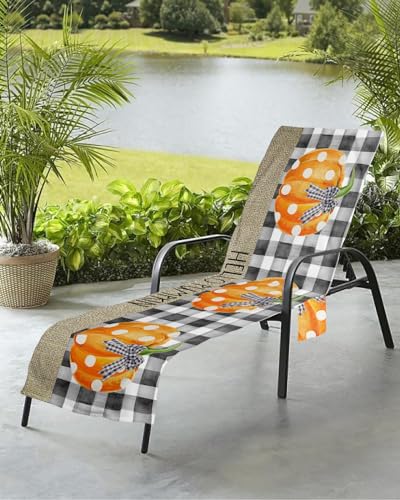 Pumpkin Plaid Beach Chair Towel Covers for Chaise Lounge with Side Pocket, Soft Plush Pool Towels Cover for Patio Sunbathing Outdoor 29''x85'' Boho Thanksgiving Fall Buffalo Dot Black