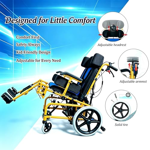 Image of Pediatric Cerebral Palsy Wheelchair - Foldable Adjustable Reclining Wheelchair for Kids,Children's Mobility Wheelchair,Ergonomic Medical Transport Chair for Children with Special Needs (Yellow)