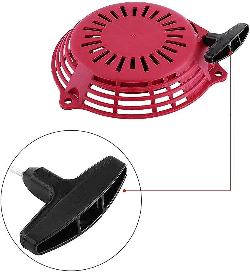 Close-up of the recoil starter handle and pull cord.