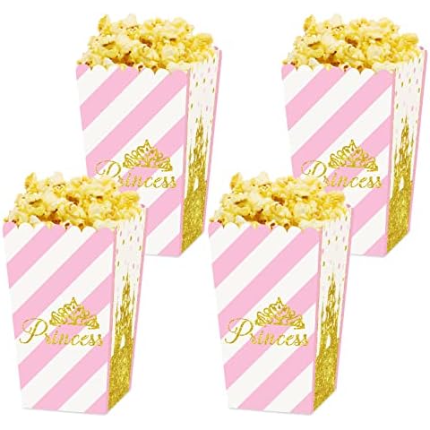 MOAXMOA Set of 24 Pink and Gold Princess Popcorn Boxes, Little Princess Crown Baby Shower Birthday Themed Party Favor Treat Candy Cookie Box Decoration Supplies Cover