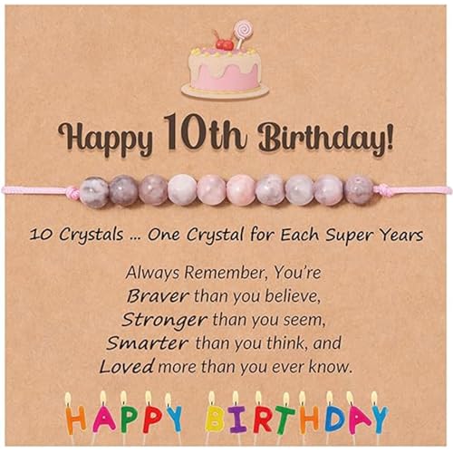 Mezrkuwr 10 Años Regalos de Cumpleaños para Niñas, Pulsera de Piedra Natural Rosa con y Tarjeta de Mensaje para Hija/Nieta/Niña Regalos de Cumpleaños para Niñas