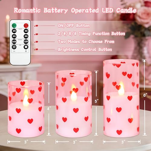 Image of Love Flameless Candles with Remote Timer, Glass Battery Operated Candles, Pink Spray-Painted Heart LED Candles for Home Party Wedding Valentine's Day Decor Set of 3