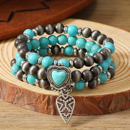 Turquoise Western Cowgirl Bracelets for Women Handmade Stackable Turquoise Beaded Stretch Bracelet Vintage Rodeo Western Jewelry Set Country Cowboy Outfit Accessories4