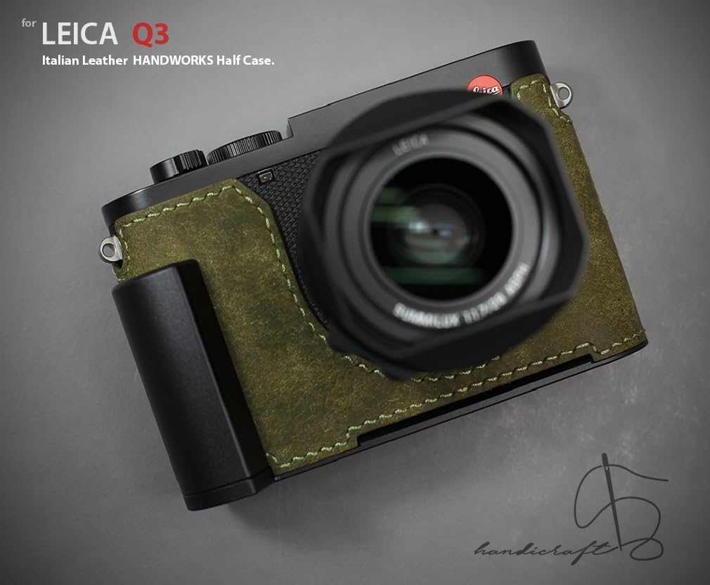LIM'S Genuine Italy Leather Camera Half Case Metal Grip Dovetail Plate Handmade for Leica Q3 Q3 43 [Olive Green]