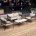 4-Piece Metal Patio Furniture Set with Thick Cushions and Coffee Table,All-weather Porch Sectional Sofa Set Style Modern,Metal Sun Villa Patio Furniture Set with High Back for Backyard,Deck