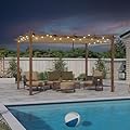 PURPLE LEAF 10' x 13' Outdoor Retractable Pergola with Sun Shade Canopy Patio Metal Shelter for Garden Porch Pavilion Natural Wood Grain Frame Modern Yard Grill Pergola with 24 LED String Lights Khaki
