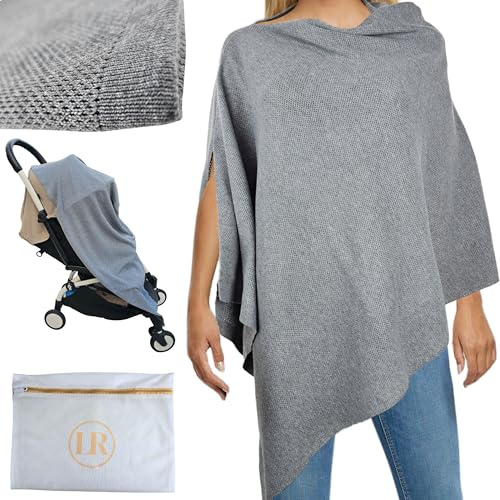 Image of Little Rou Peekaboo Knit Breathable Nursing Cover Up For Breastfeeding - Soft Organic Cotton & Cashmere Breast Feeding Covers For Women - Privacy Feature - Includes Mesh Laundry Bag (Grey)