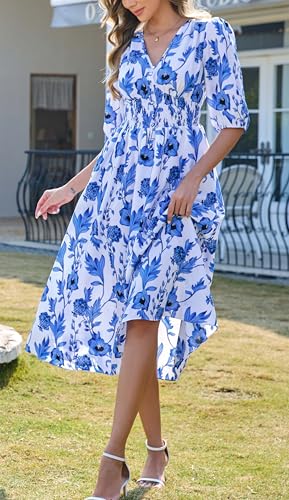 Image of Kormei Women Casual Boho V Neck 3 /4 Sleeve Smocked Waist A Line Flowy Swing Midi Dress Smocked Long Dress
