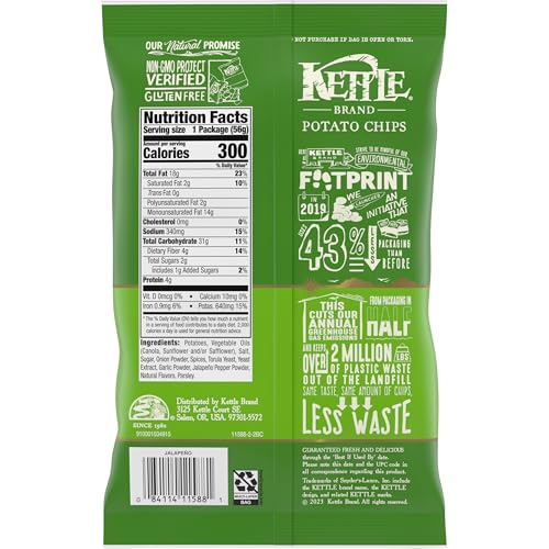 Image of Kettle Brand Potato Chips, Jalapeno Kettle Chips, Snack Bag, 2 Oz (Pack of 6)
