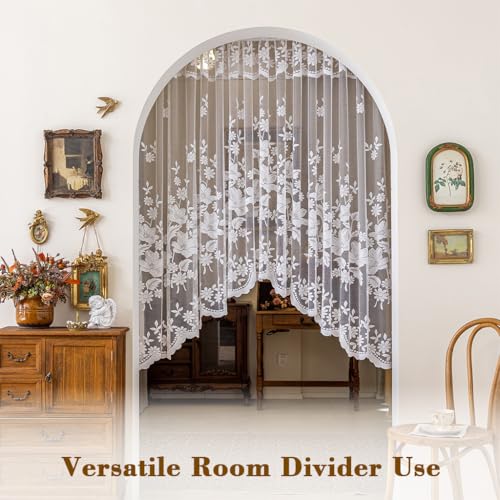 Image of HASTHIP Window Curtain for Kitchen Sheer Lace Floral Embroidered, Semi Door Divider with Rod Pocket Tab Top, Romantic Valance for Kitchen Window Cabinet Room Partition, 160x100cm