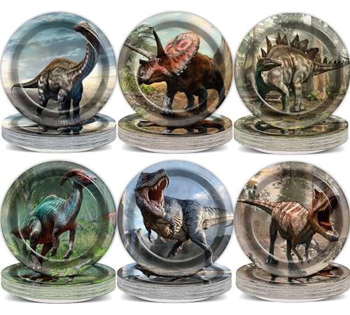 Naozinebi 72PCS Dinosaur Birthday Plates Dinosaur Party Supplies Dino World Tableware Tropical Jungle Plates Disposable Paper Plate Dessert Plates for Boys Girls Kids Baby Shower Favors 6.7 * 6.7inch