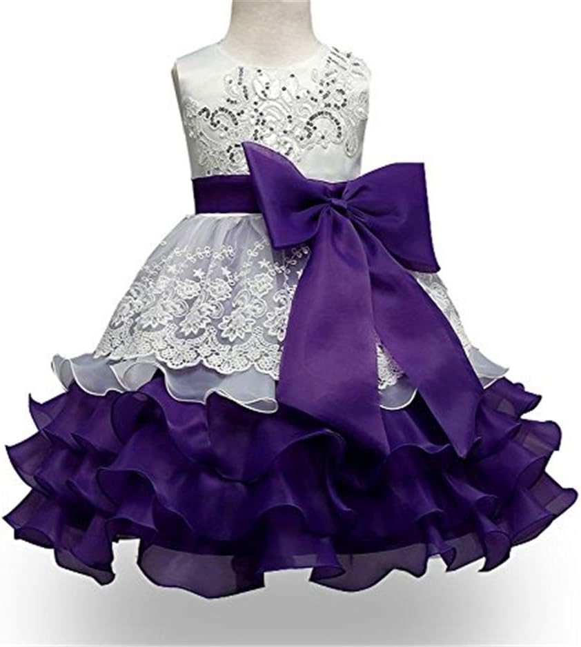 KISSOURBABY Girls Party Ruffles Dress Sleeveless Bridal Satin Baptism Children Clothing Chiffon Lace Dress (White Purple, 140)