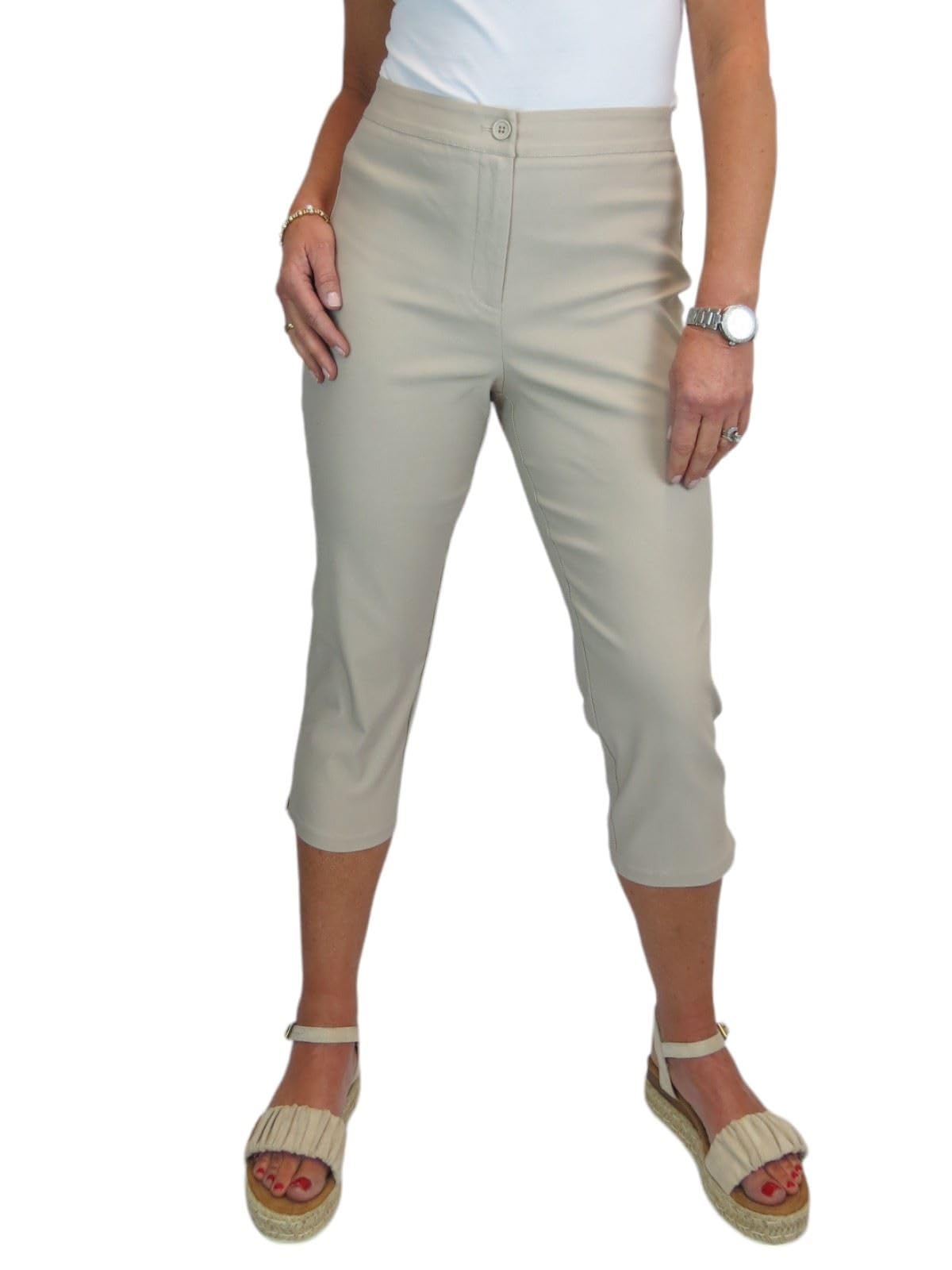 Paulo Due Women's Capri Trousers UK Ladies High Waist Everyday Stretch Cropped 3/4 Length Summer Pants Beige 8-20 (18)