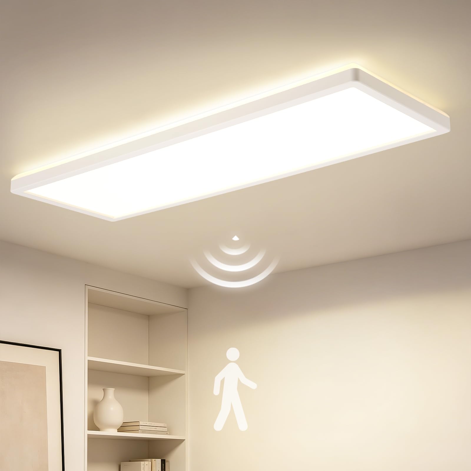CBJKTX LED-Deckenlampe mit Bewegungsmelder 24 W 3600 lm 4000 K | Radar-Bewegungsmelder und Dämmerungssensor 120°-Erfassungswinkel für Flur Badezimmer Garage 58 x 20 cm (rechteck)