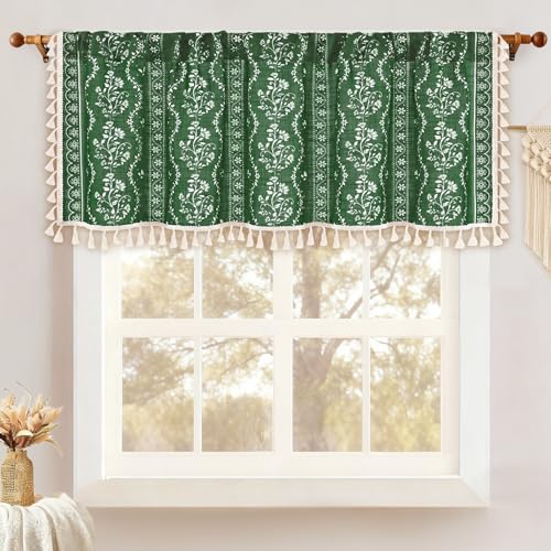 Image of Yinhua Boho Valance Curtains Vintage Linen Kitchen Valances for Windows Light Filtering Bohemian Floral Valance Rod Pocket Tassel Window Valances for Bathroom Cafe, 52 inch W X 18 inch L, Olive Green