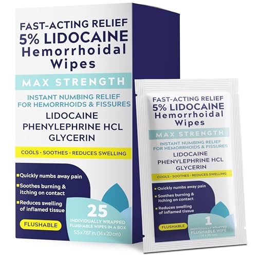 Hemorrhoid Wipes with 5% Lidocaine | Hemorrhoid Treatment for Pain Itching Burning & Swelling | Fast-Acting Numbing Comfort | Flushable Wipes Individually Wrapped Glycerin Protectant | 25 Count