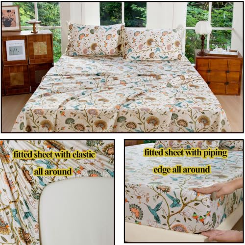 Image of FADFAY Twin 100% Egyptian Cotton Sheets Set 4 Piece, Luxury Cottagecore Botanical Floral Bird Print Ultra Soft Cooling Bed Sheets Set, Breathable Deep Pocket Hotel Quality Bedding for Hot Sleepers