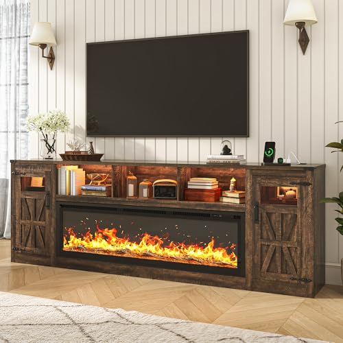Fireplace TV Stand for 100 Inch TV, 95' Farmhouse Entertainment Center with 60' Electric Fireplace & LED Lights, Large Media Console for Living Room, Rustic Barn Doors, Power Outlets, Rustic Brown