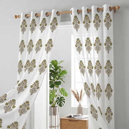 Image of LINENWALAS Decorative Cotton Linen Sheer Curtains 9 Feet for Long Door -Block Printed Door Curtain | Grommet Hanging Style Pack of 2 Panels |Light Filtering Sheer Drapes (Golden Willow)