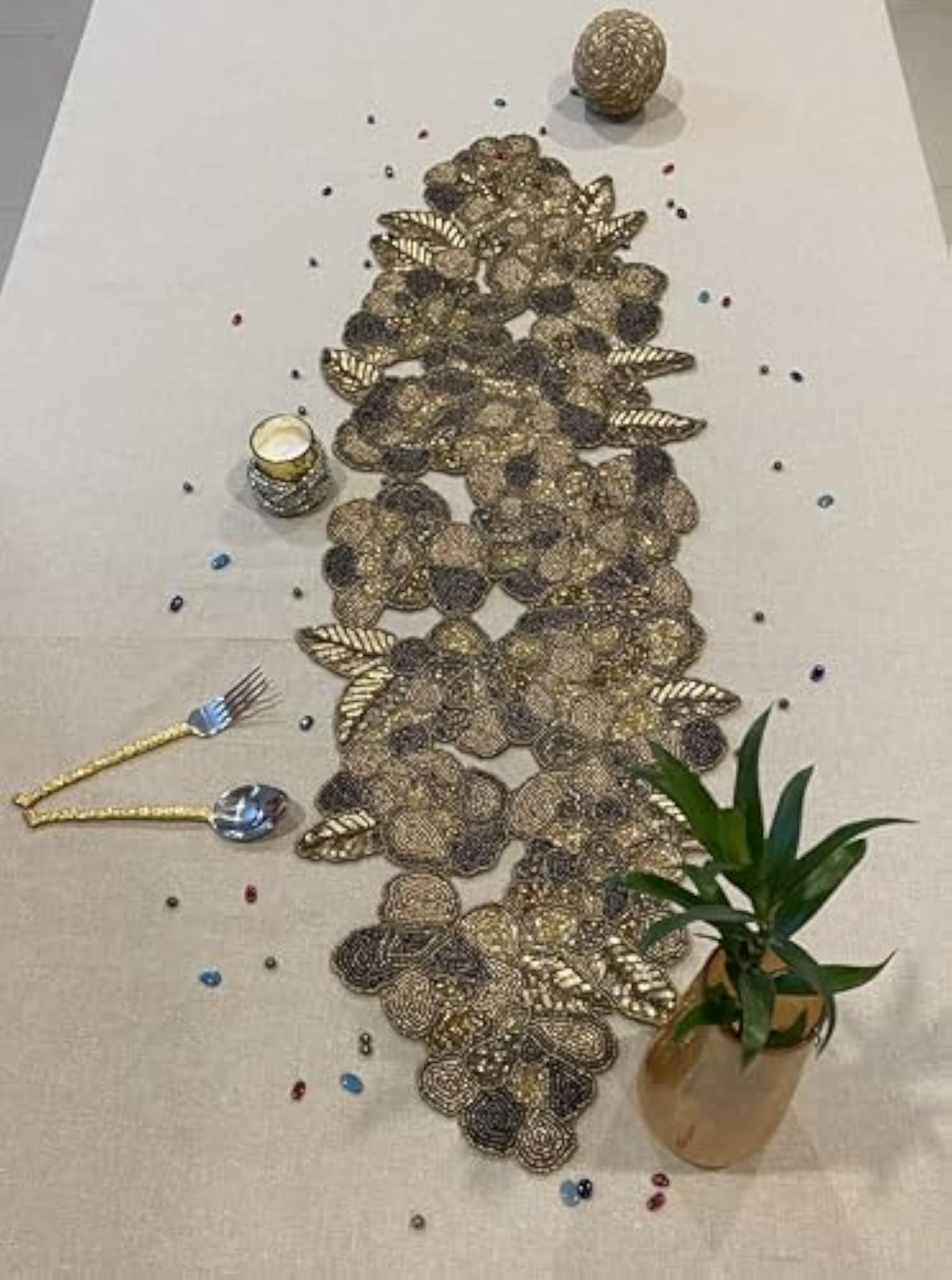 Special Foliage Shaped Hand Beaded Table Runner