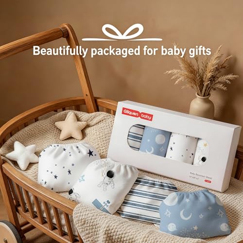 Image of Gllquen Baby Bedside Sleeper Bassinet Sheets 33x20 Inch 4 Pack Girl Boy | Soft OEKO-TEX Certified Bassinet Crib Sheet, Compatible with Baby Delight, Newton Rectangle Bassinet Mattress, Blue Astronaut