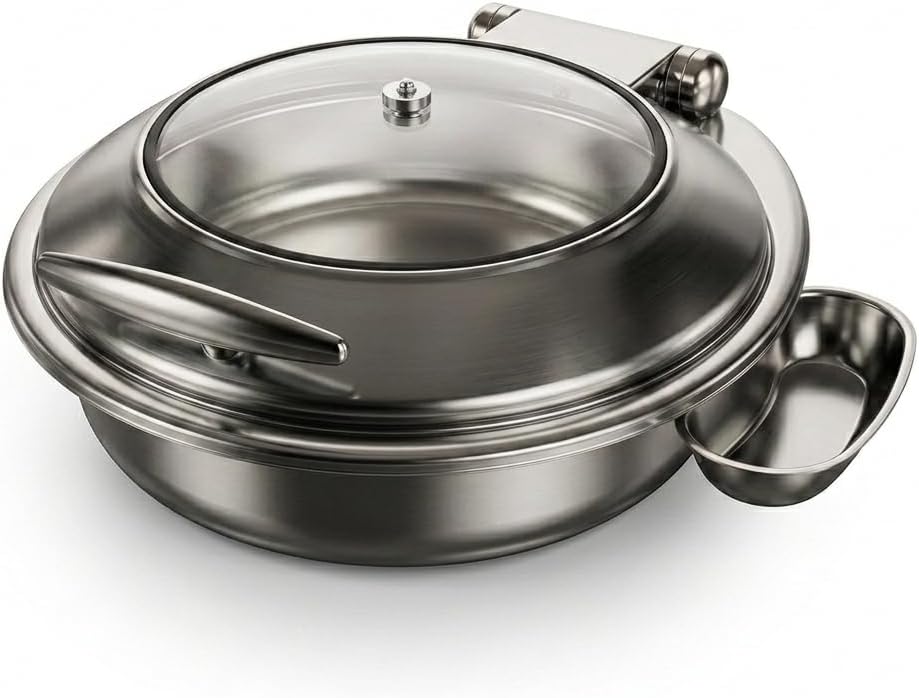 Voyage Round Stainless Steel Induction Chafer, 6 Qt, Glass Top with Soft-Close Lid, Silver Mirror-Polished Finish, 18 Inch