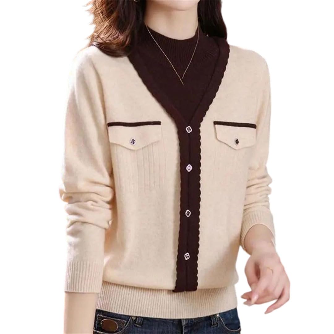 Women Half High Collar Fake Two Piece Sweater Patchwork Slim Sweater Colorful Button Knit Cardigan